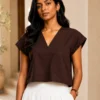 Ramona Cotton Solid Crop Top V Neck Drop Sleeve Washed - Image 4