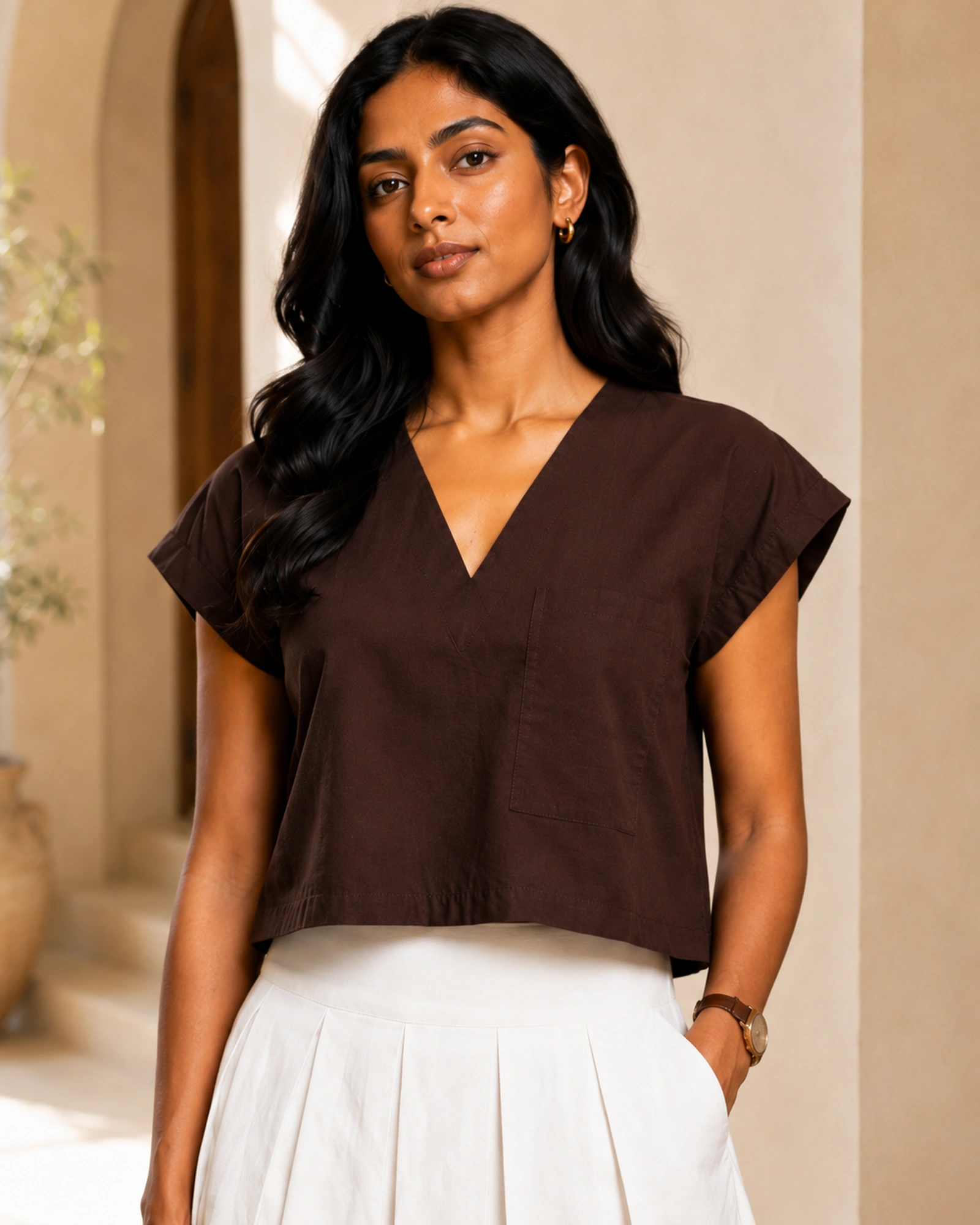 Ramona Cotton Solid Crop Top V Neck Drop Sleeve Washed - Image 4