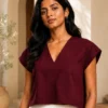 Ramona Cotton Solid Crop Top V Neck Drop Sleeve Washed - Image 6