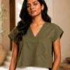 Ramona Cotton Solid Crop Top V Neck Drop Sleeve Washed - Image 5