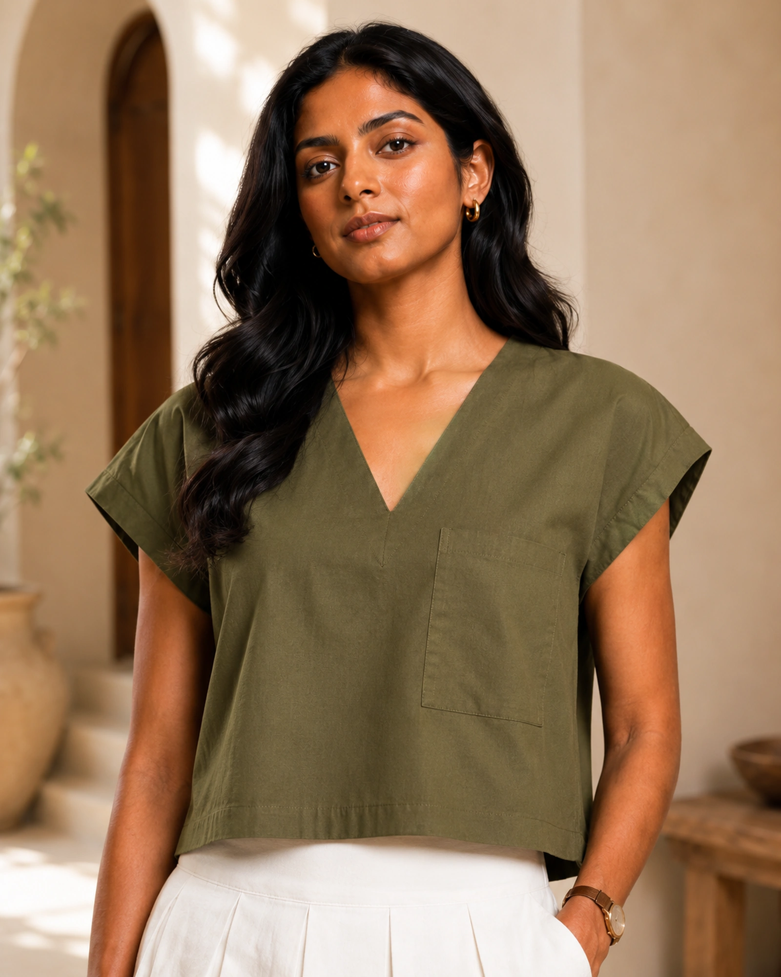 Ramona Cotton Solid Crop Top V Neck Drop Sleeve Washed - Image 5